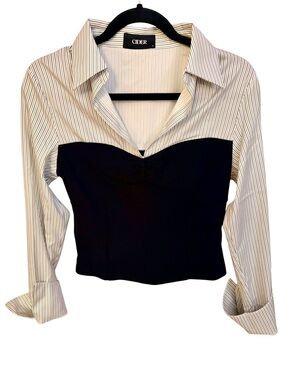 Cider Black Bustier-Front Pinstripe Button-Down Shirt